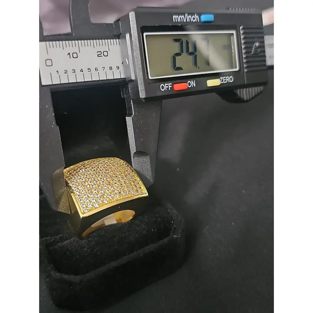 Gold-Plated brass Men's Ring SIZE 9 Square Pavé Cubic Zirconia 24.7mm